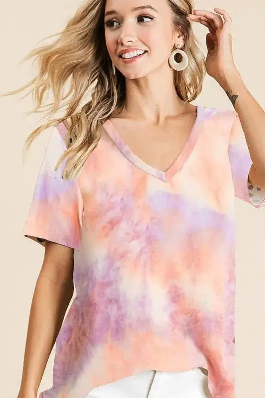 BiBi Tie Dye French Terry V Neck Top for Casual Style - Love Salve